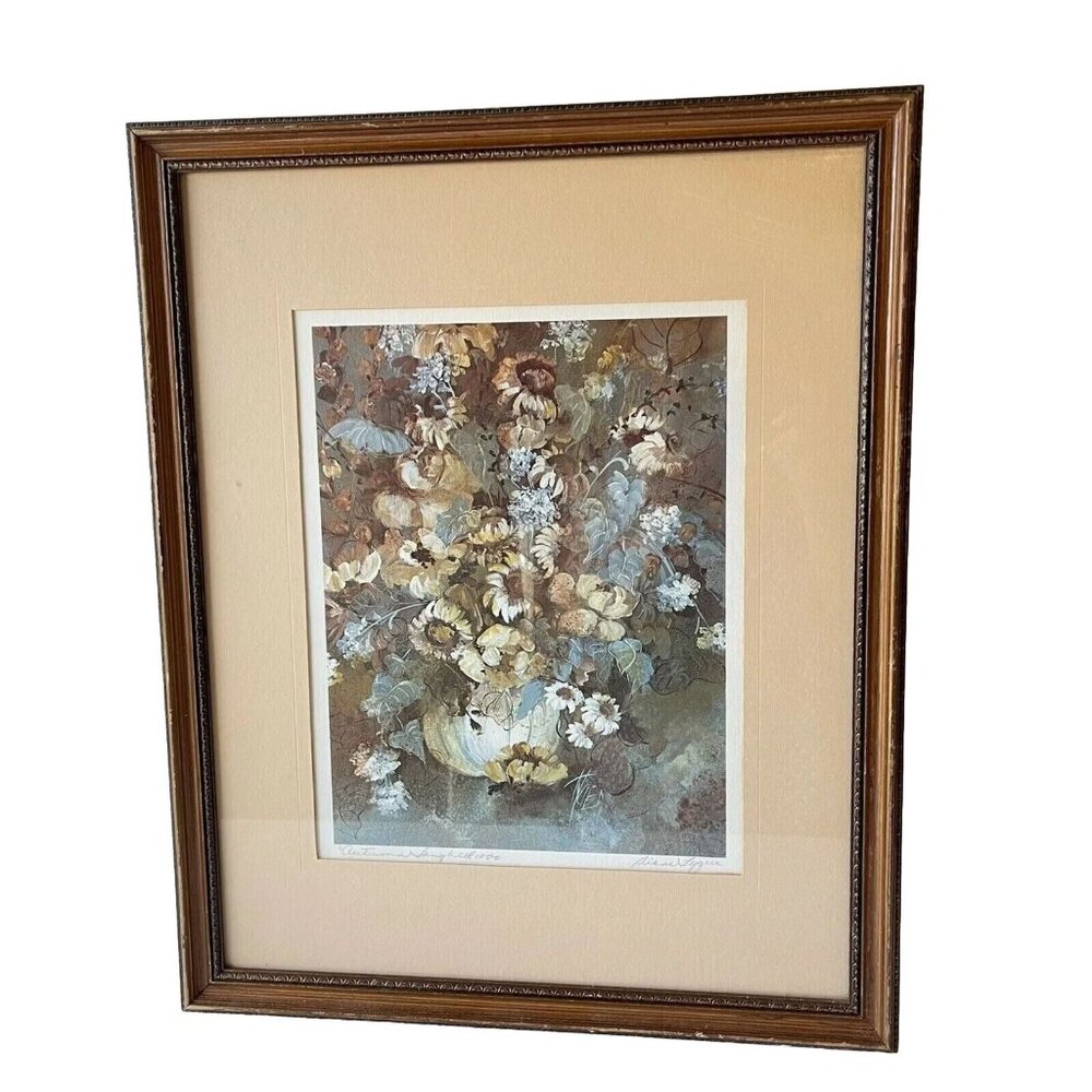 Diane Tygier Signed Floral Print Autumn Song Framed 17 3/4 x 21 3/4 Vintage FLAW